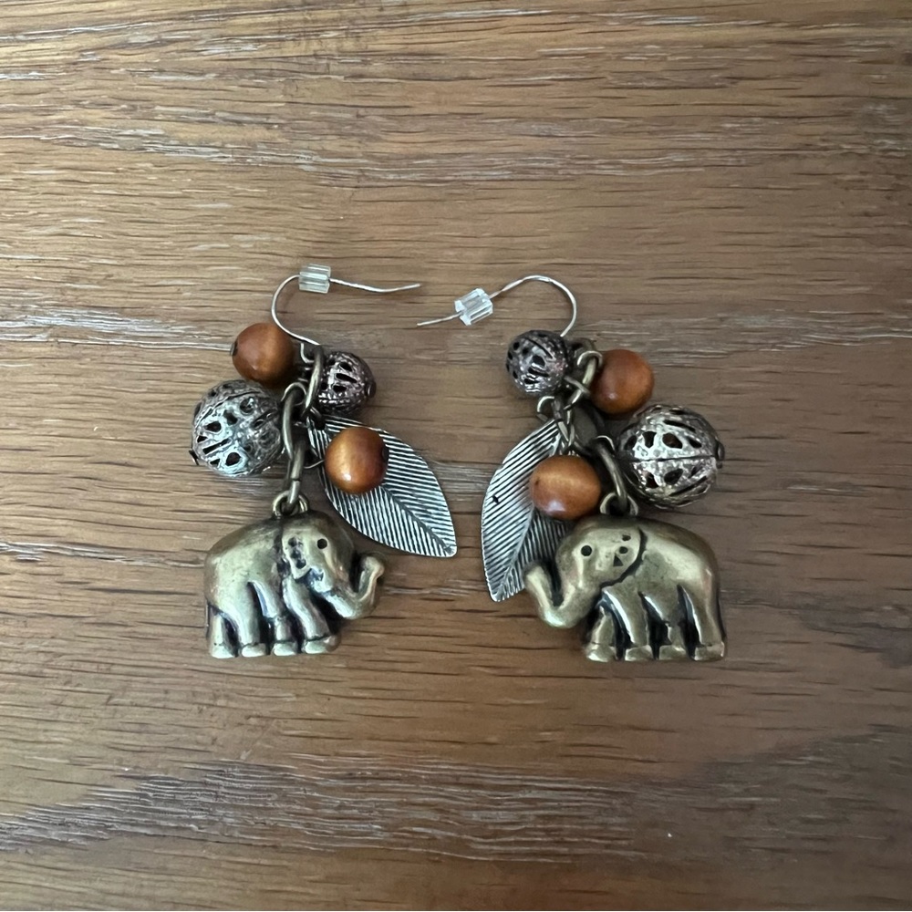 Elephant Dangle Earrings- Wooden & Metal Beads, Silver Tone Leaf Detail